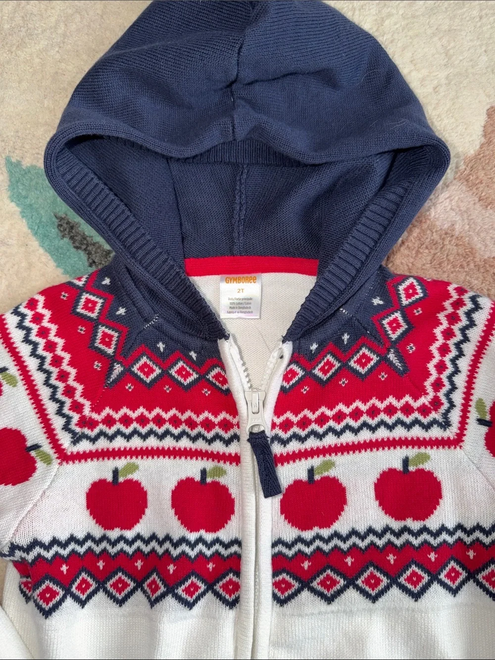 NEW Gymboree White Hoodie Sweater with Red Apple Pattern and Navy Hood, Unisex